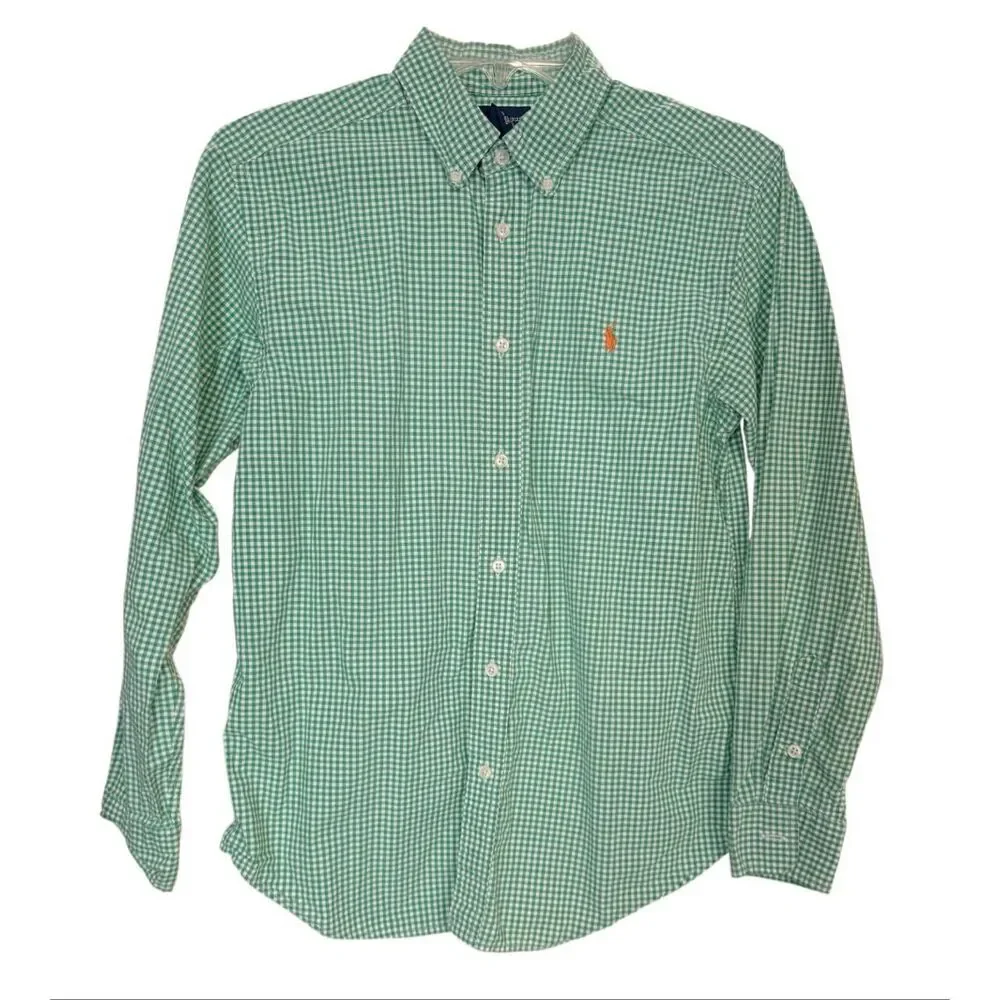 Ralph Lauren Boys Green/White Gingham Check Button Down Shirt Sz. 14-16 Latge